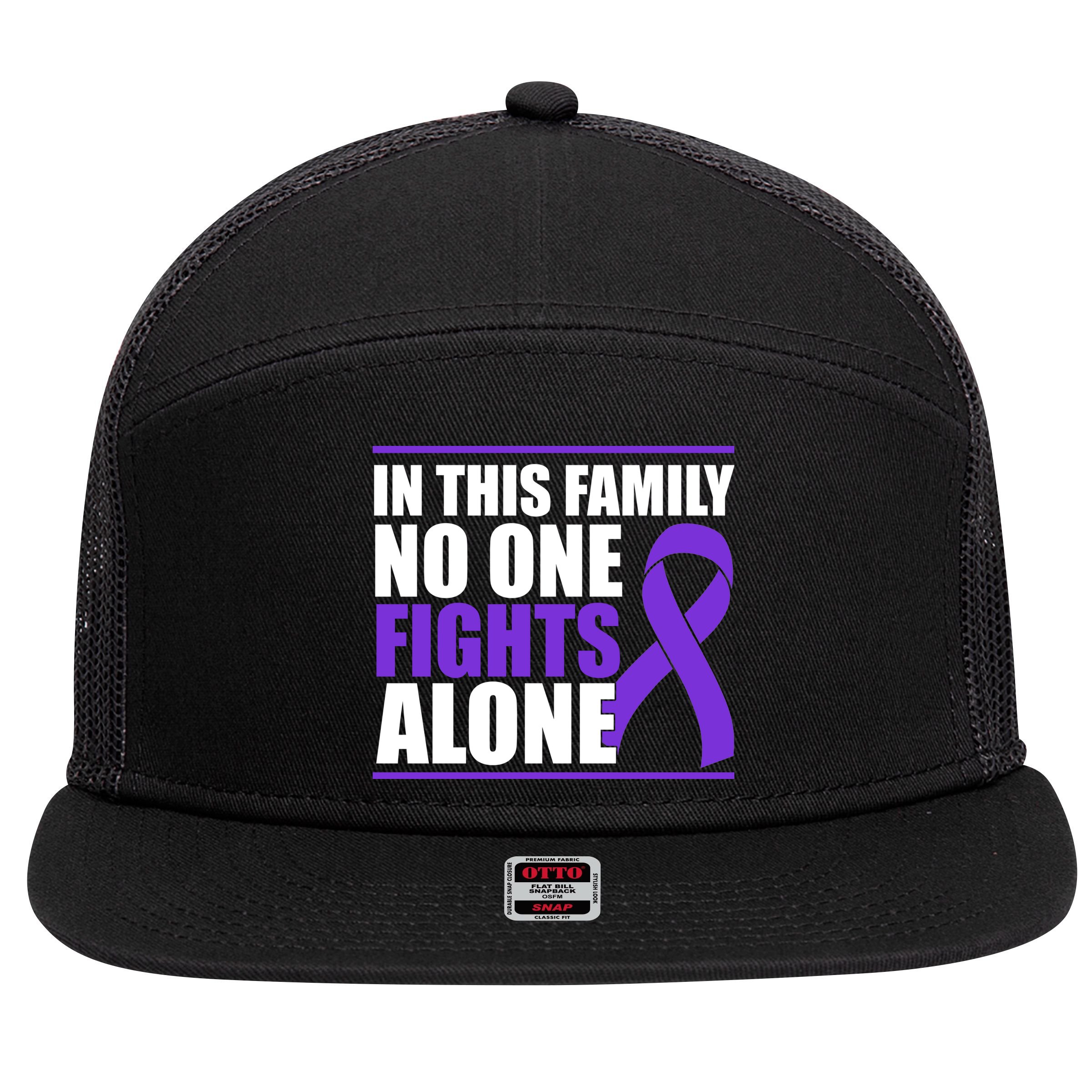 In This Family No One Fights Alone Pancreatic Cancer 7 Panel Mesh Trucker Snapback Hat