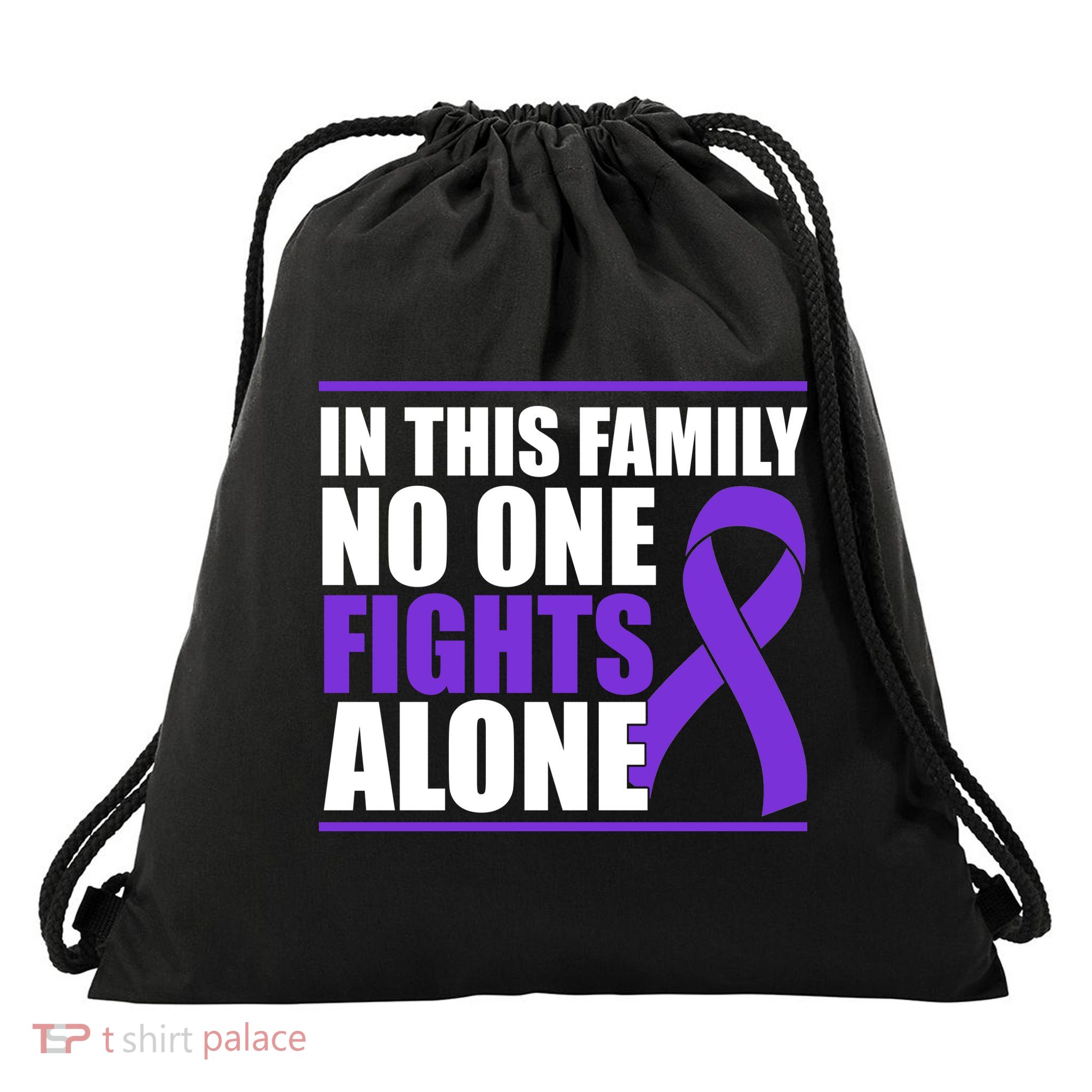 In This Family No One Fights Alone Pancreatic Cancer Drawstring Bag