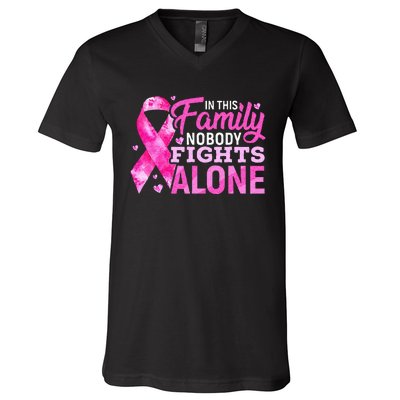 In This Family Nobody Fights Alone Breast Cancer Awareness V-Neck T-Shirt