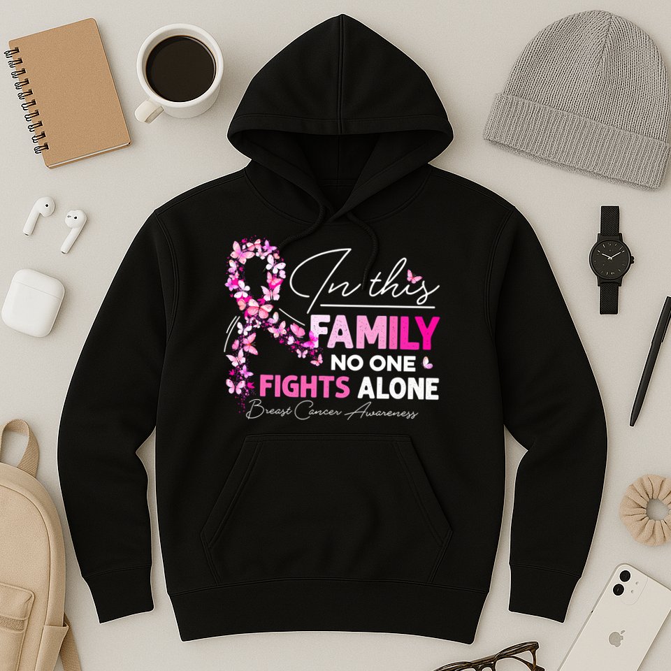 In This Family No One Fight Alone Breast Cancer Awareness Hoodie