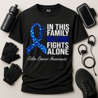 In This Family No One Fights Alone Colon Cancer Ribbon Cooling Performance Crew T-Shirt