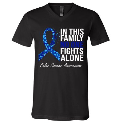 In This Family No One Fights Alone Colon Cancer Ribbon V-Neck T-Shirt