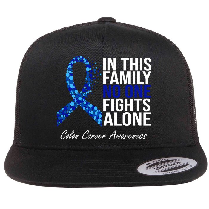 In This Family No One Fights Alone Colon Cancer Ribbon Flat Bill Trucker Hat