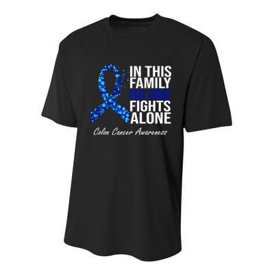In This Family No One Fights Alone Colon Cancer Ribbon Youth Performance Sprint T-Shirt