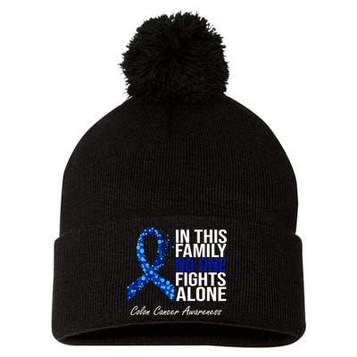 In This Family No One Fights Alone Colon Cancer Ribbon Pom Pom 12in Knit Beanie