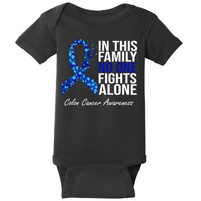 In This Family No One Fights Alone Colon Cancer Ribbon Baby Bodysuit