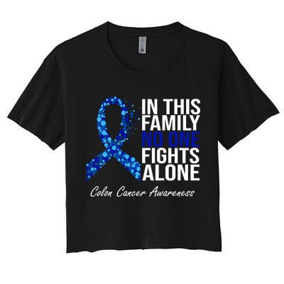 In This Family No One Fights Alone Colon Cancer Ribbon Crop Top
