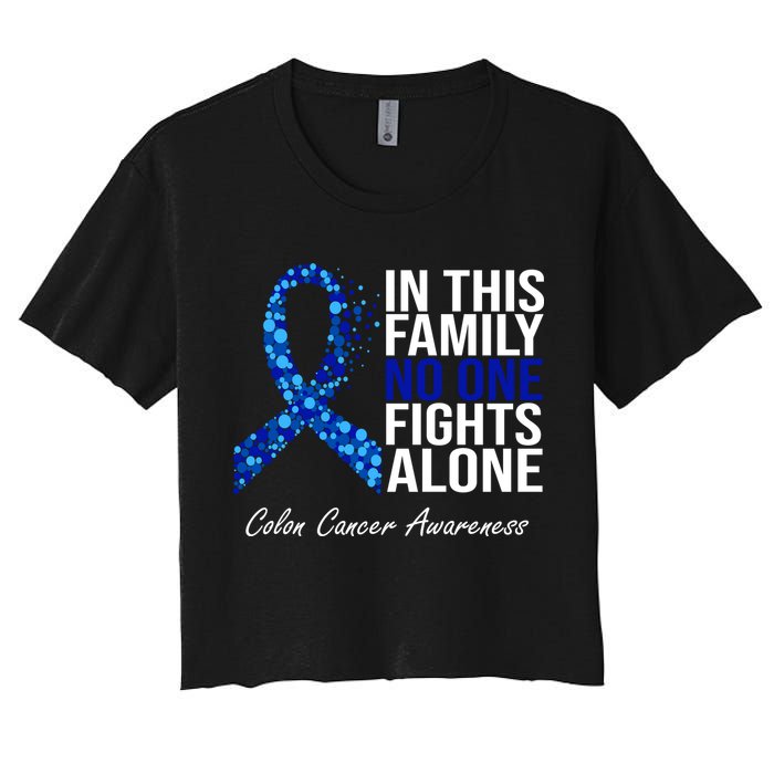 In This Family No One Fights Alone Colon Cancer Ribbon Crop Top