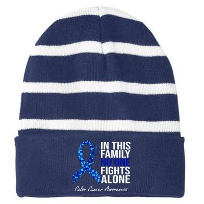 In This Family No One Fights Alone Colon Cancer Ribbon Striped Beanie with Solid Band