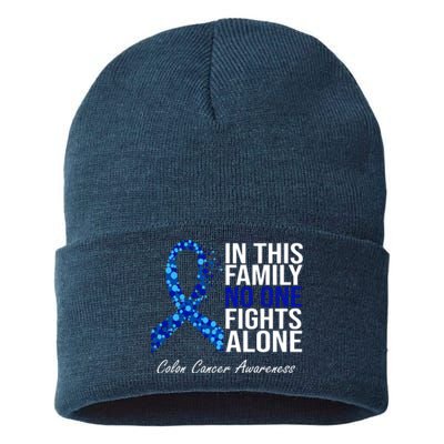 In This Family No One Fights Alone Colon Cancer Ribbon Sustainable Knit Beanie