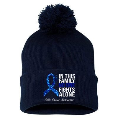 In This Family No One Fights Alone Colon Cancer Ribbon Pom Pom 12in Knit Beanie