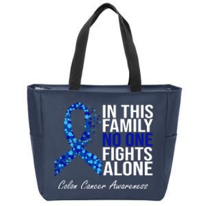 In This Family No One Fights Alone Colon Cancer Ribbon Zip Tote Bag