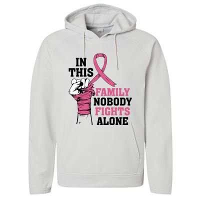 In This Family Nobody Fights Alone Breast Cancer Awareness Performance Fleece Hoodie