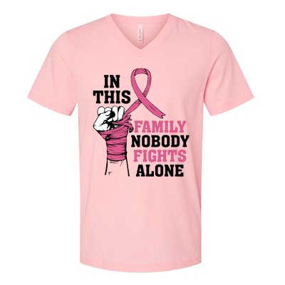 In This Family Nobody Fights Alone Breast Cancer Awareness V-Neck T-Shirt