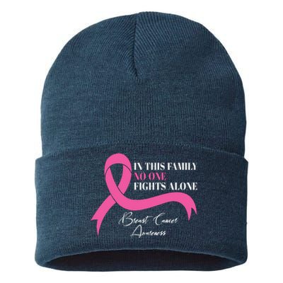 In This Family No One Fights Alone Breast Cancer Awareness Sustainable Knit Beanie