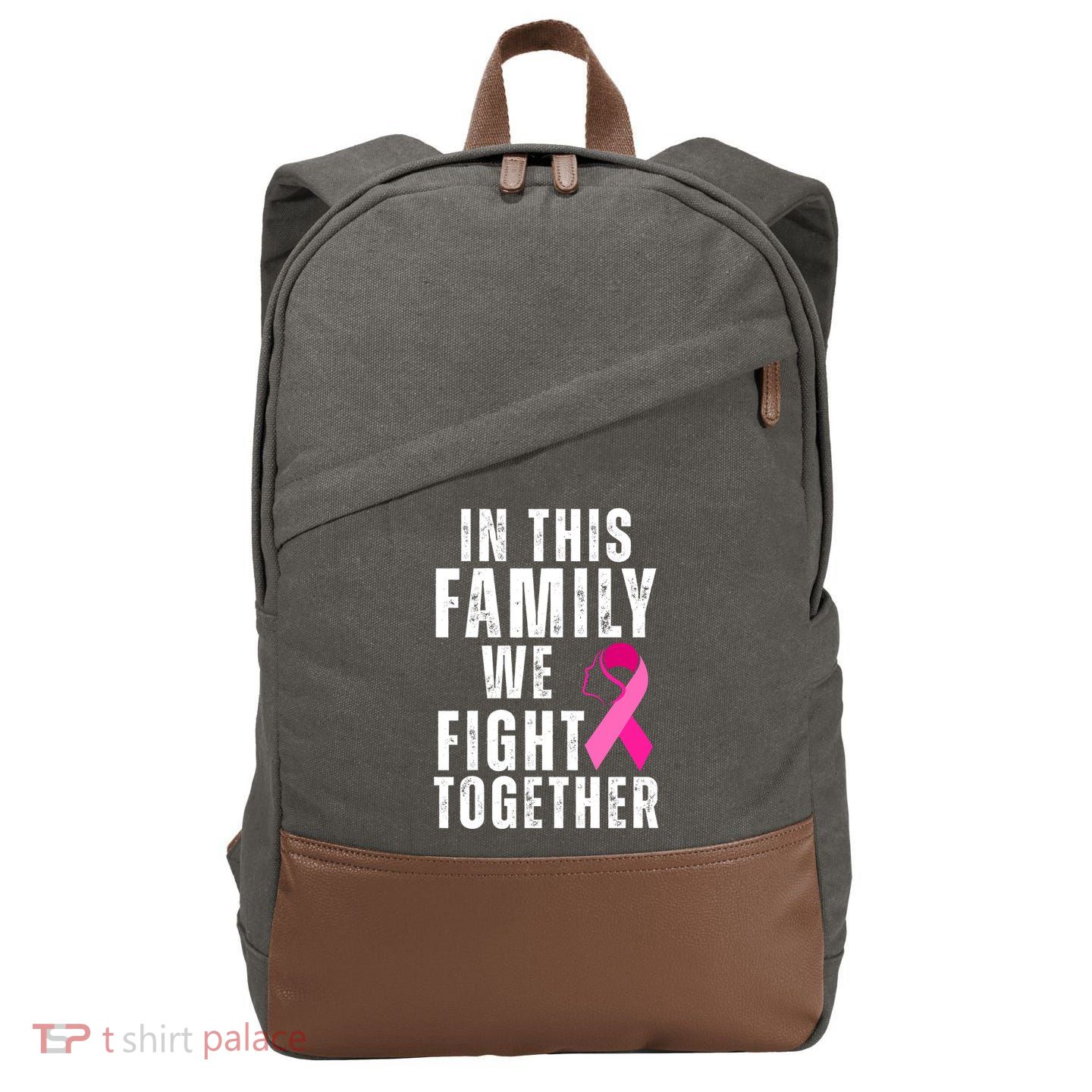 In This Family We Fight Together Breast Cancer Ribbon Cotton Canvas Backpack