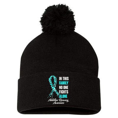 In This Family No One Fight Alone Addiction Recovery Awareness Pom Pom 12in Knit Beanie
