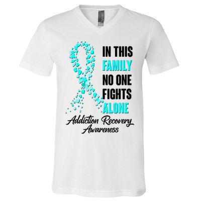 In This Family No One Fight Alone Addiction Recovery Awareness V-Neck T-Shirt