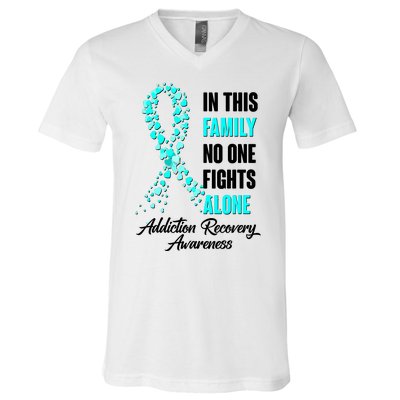 In This Family No One Fight Alone Addiction Recovery Awareness V-Neck T-Shirt