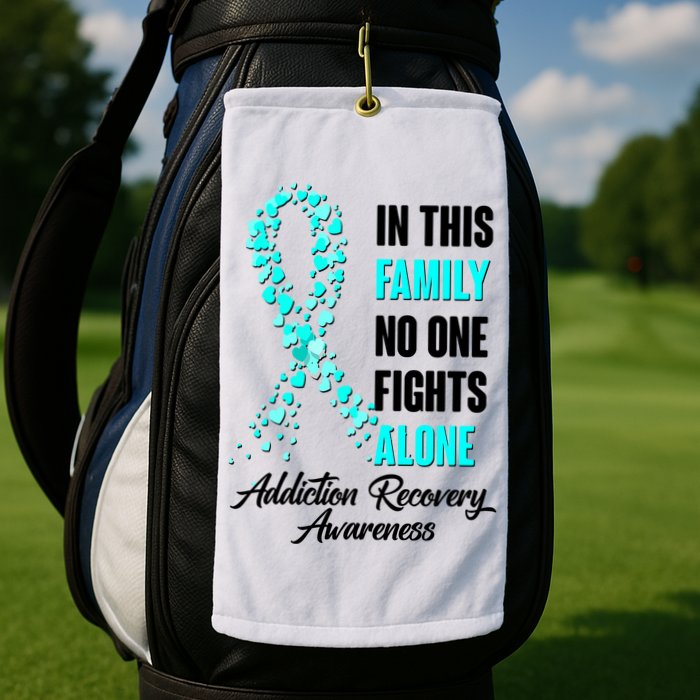 In This Family No One Fight Alone Addiction Recovery Awareness Golf Towel