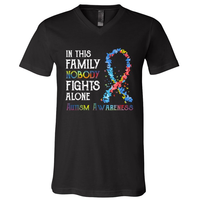 In This Family Nobody Fights Alone Autism V-Neck T-Shirt