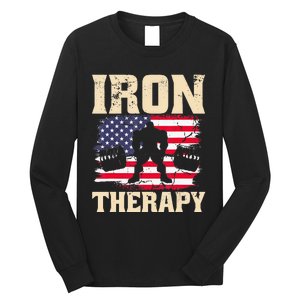 Iron Therapy Gym Deadlift Powerlift With USA Flag Long Sleeve Shirt