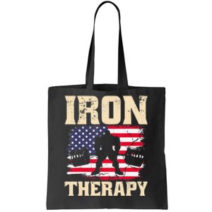 Iron Therapy Gym Deadlift Powerlift With USA Flag Tote Bag