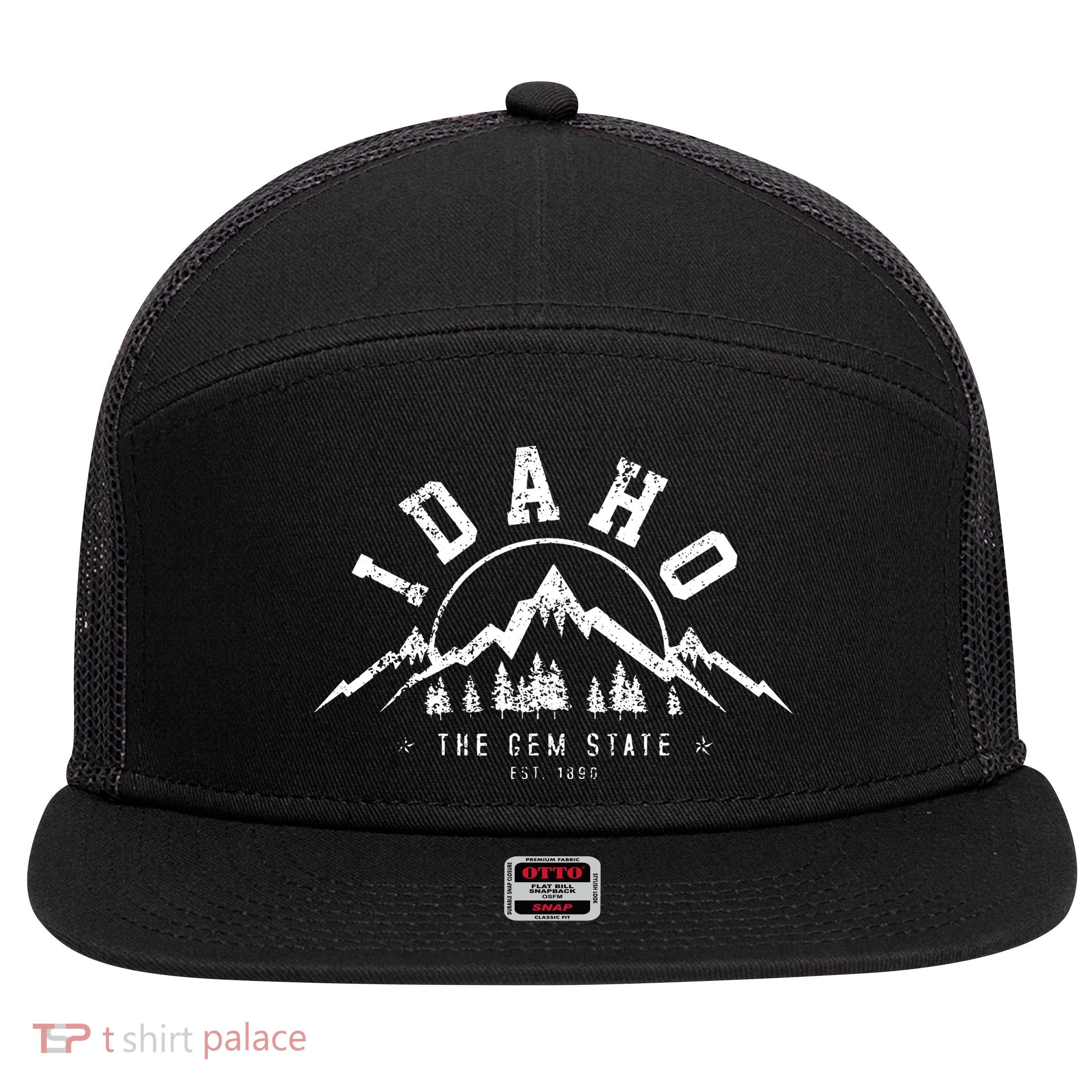 Idaho The Gem State Est 1890 Vintage Mountains 7 Panel Mesh Trucker Snapback Hat