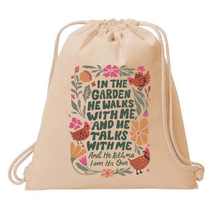 In The Garden He Walks With Me And He Talks With Me Drawstring Bag