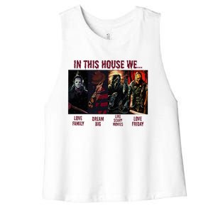 In This House We Halloween Horror Movie Characters Scary Women's Racerback Cropped Tank