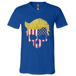 Iconic Trump Hair Skull Usa Flag Funny Republican Gift Great Gift V-Neck T-Shirt