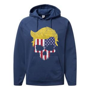 Iconic Trump Hair Skull Usa Flag Funny Republican Gift Great Gift Performance Fleece Hoodie