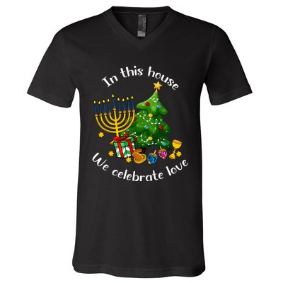 In This House We Celebrate Love Teacher Christmas V-Neck T-Shirt