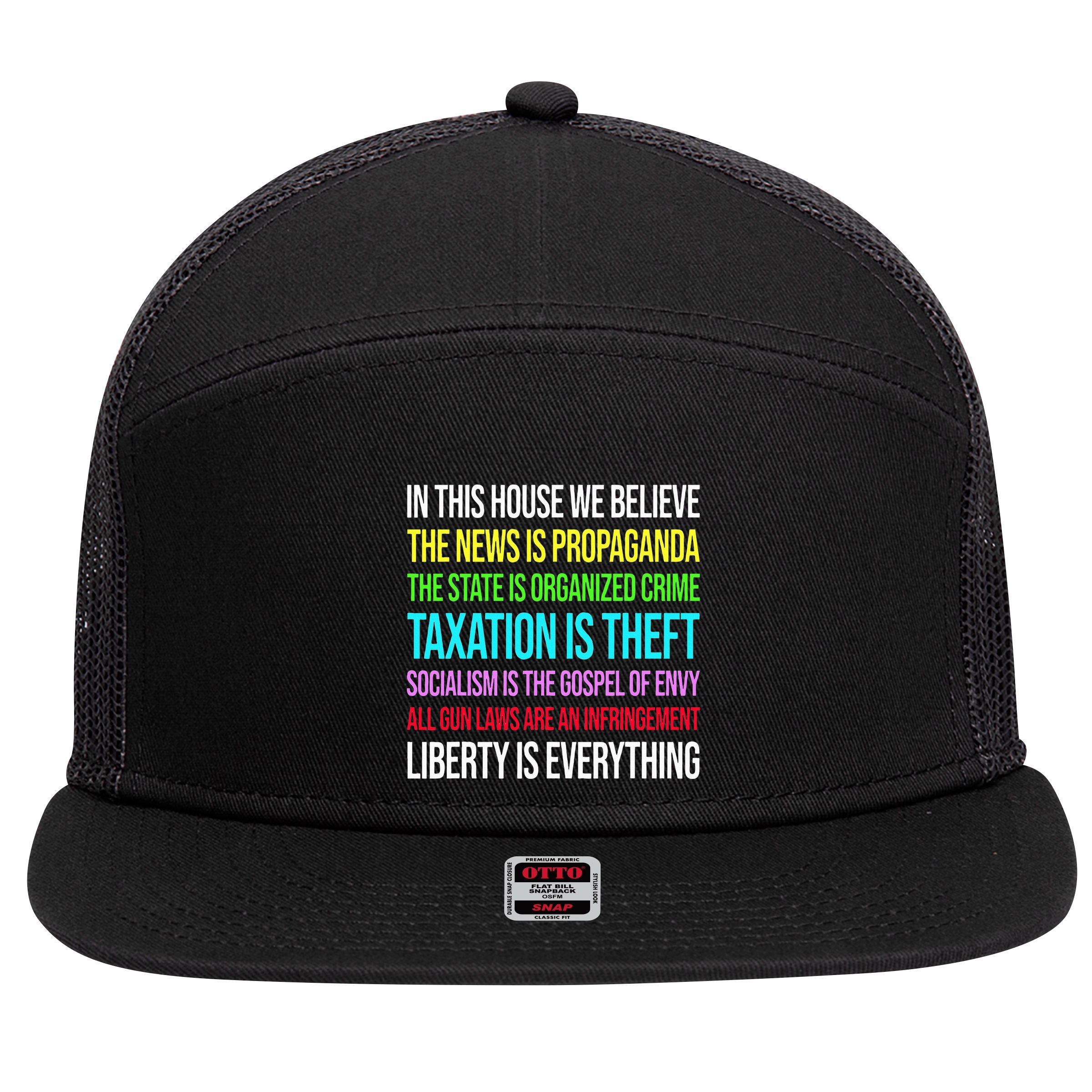 In This House We Believe The News Is Propaganda 7 Panel Mesh Trucker Snapback Hat