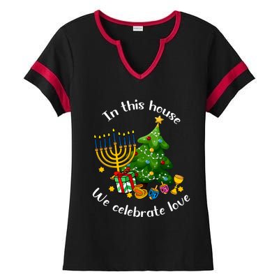 In This House We Celebrate Love Teacher Christmas Ladies Halftime Notch Neck Tee