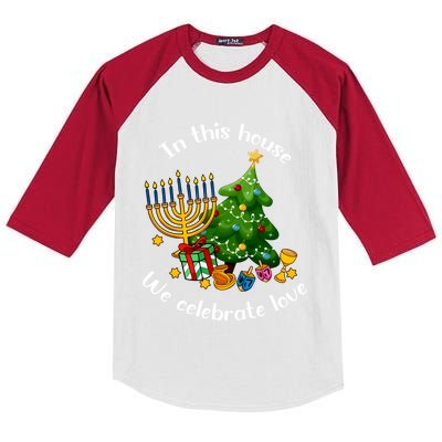 In This House We Celebrate Love Teacher Christmas Kids Colorblock Raglan Jersey