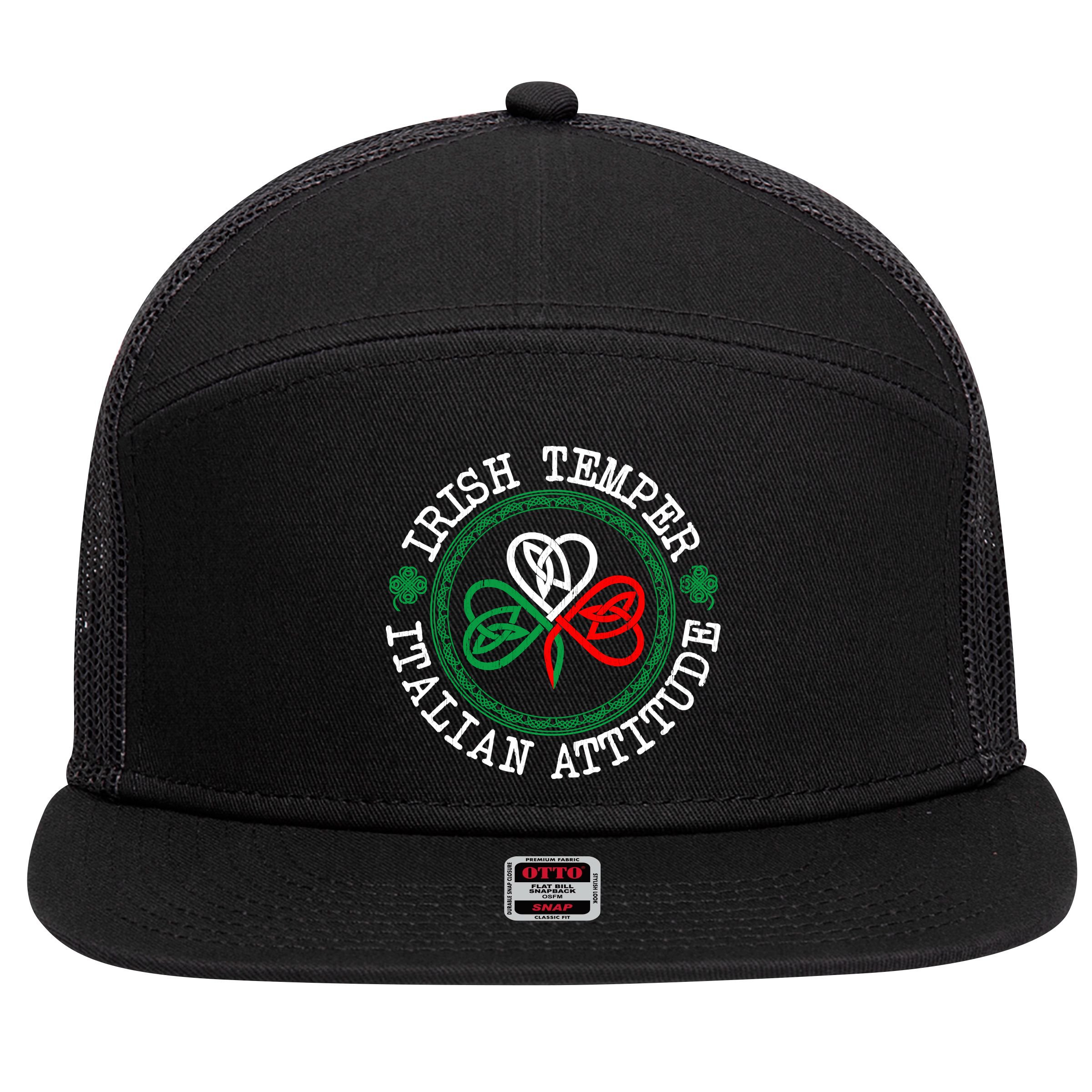 Irish Temper Italian Attitude Shamrock Italy Flag Pattys Day 7 Panel Mesh Trucker Snapback Hat