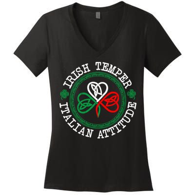 Irish Temper Italian Attitude Shamrock Italy Flag Pattys Day Women's V-Neck T-Shirt