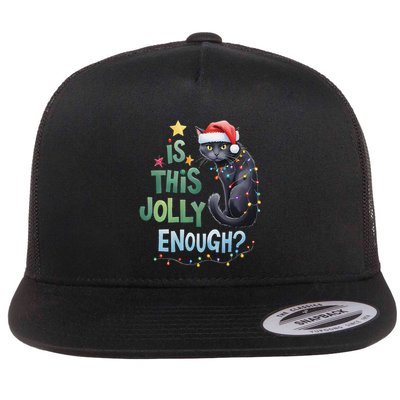 Is This Jolly Enough Black Cat Merry Christmas Tree Lights Flat Bill Trucker Hat