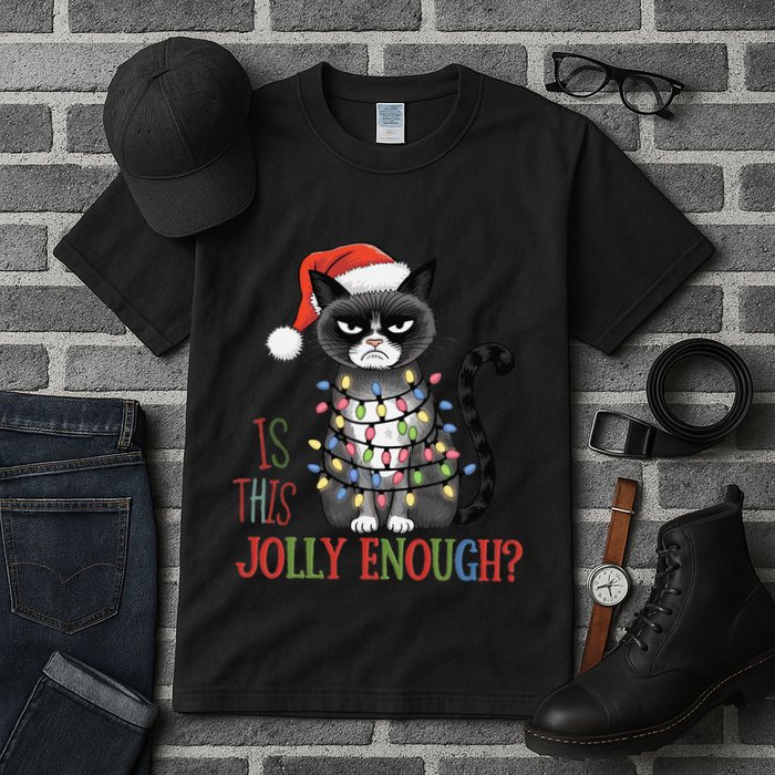 Is This Jolly Enough Xmas Grumpy Christmas Cat Tall T-Shirt