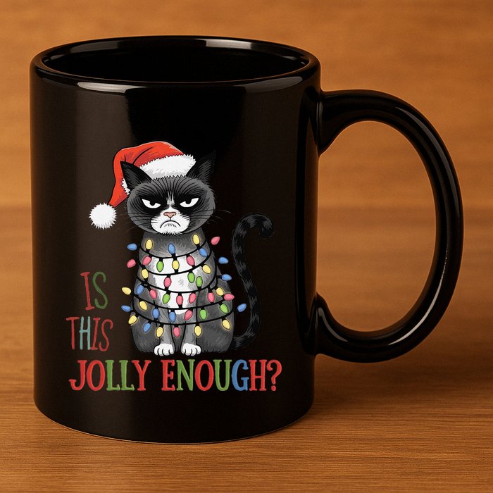 Is This Jolly Enough Xmas Grumpy Christmas Cat 11oz C Handle Ceramic Mug