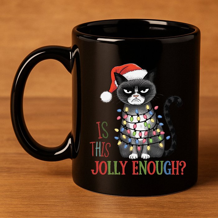 Is This Jolly Enough Xmas Grumpy Christmas Cat 11oz C Handle Ceramic Mug