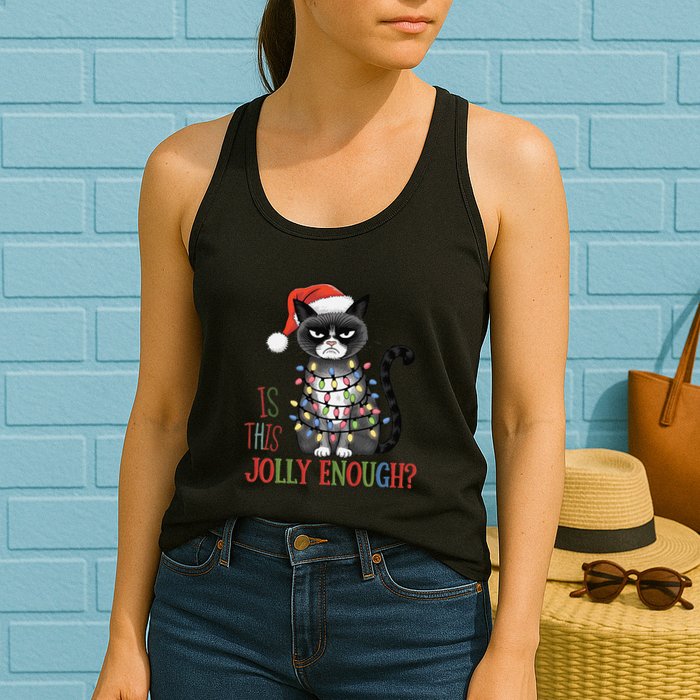 Is This Jolly Enough Xmas Grumpy Christmas Cat Womens Tank Top