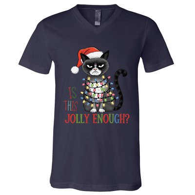 Is This Jolly Enough Xmas Grumpy Christmas Cat V-Neck T-Shirt