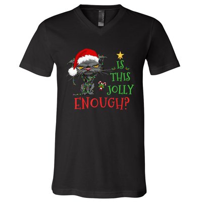 Is This Jolly Enough Cat Christmas Lights Bored Cat Funny V-Neck T-Shirt