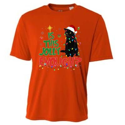 Is This Jolly Enough Black Cat Merry Christmas Tree Lights Cooling Performance Crew T-Shirt