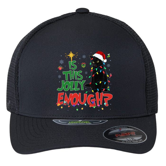 Is This Jolly Enough Black Cat Merry Christmas Tree Lights Flexfit Unipanel Trucker Cap