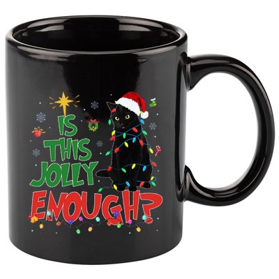 Is This Jolly Enough Black Cat Merry Christmas Tree Lights 11oz C Handle Ceramic Mug