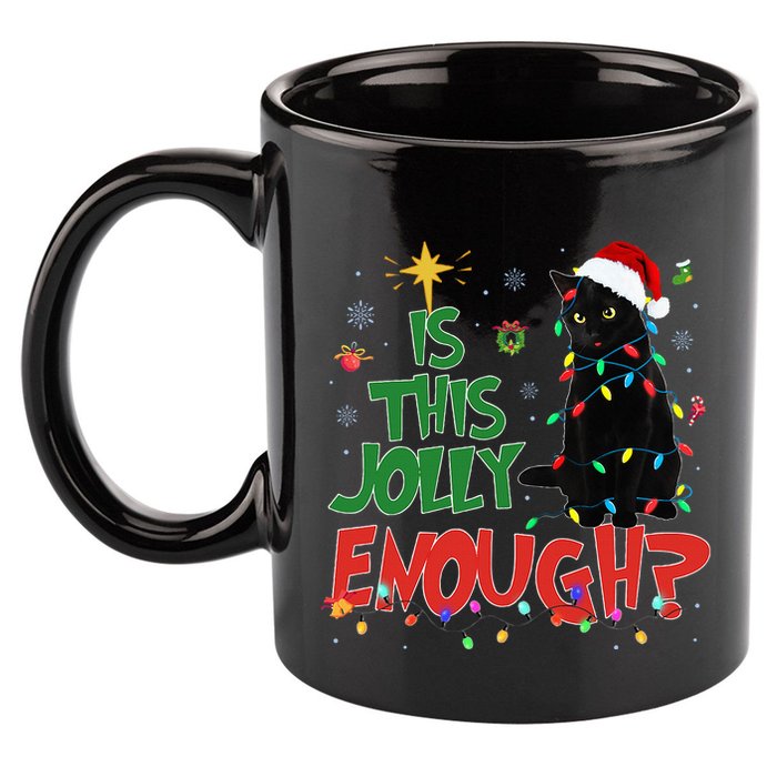 Is This Jolly Enough Black Cat Merry Christmas Tree Lights 11oz C Handle Ceramic Mug