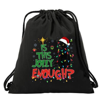 Is This Jolly Enough Black Cat Merry Christmas Tree Lights Drawstring Bag